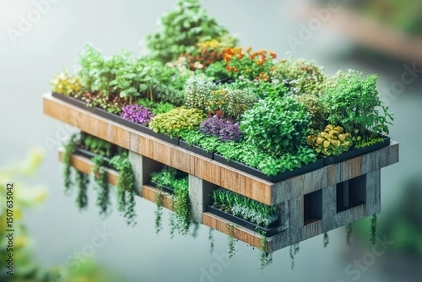 Fototapeta Elevated garden structure with diverse plants.
