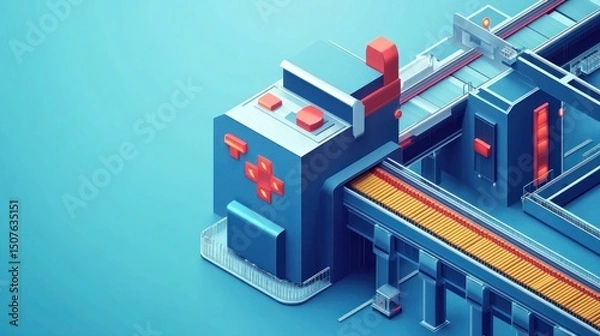 Fototapeta A stylized, low-poly factory building with a conveyor belt.
