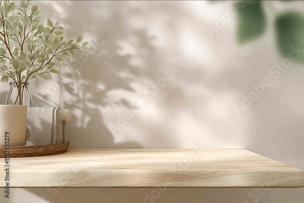 Obraz front view of a clean light wood tabletop minimal boho background for product mockups soft natural daylight warm neutral tones beige offwhite soft ambient sh