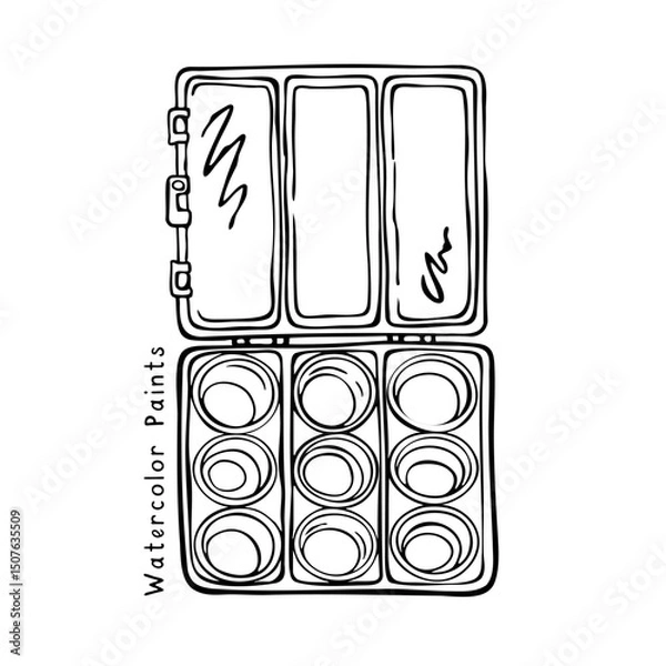 Fototapeta Watercolor Paint Palette. Hand drawn black and white vector illustration in ink sketch style. For worksheets, art lessons, printables, branding, planners, and digital design. Scalable and editable.