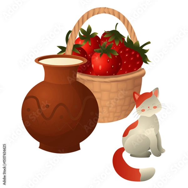 Fototapeta White cat with red spots, basket with ripe strawberries, clay jug with milk. Vector illustration isolated on white background.