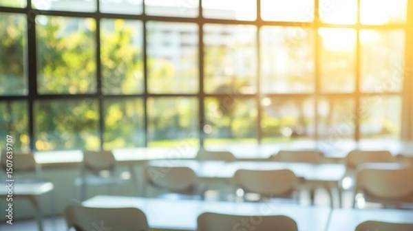 Fototapeta Blurred classroom with desks and chairs, bathed in sunlight, creating an open space.