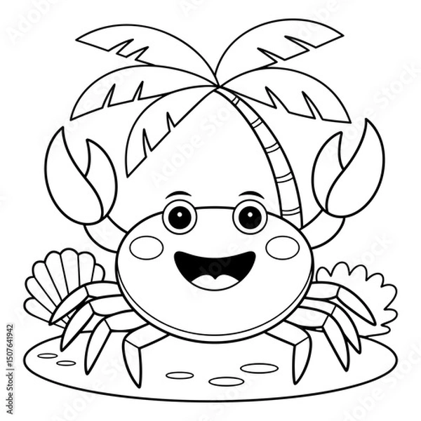 Fototapeta Cute crab under a palm tree, black and white coloring page for kids, perfect for summer and beach-themed activities