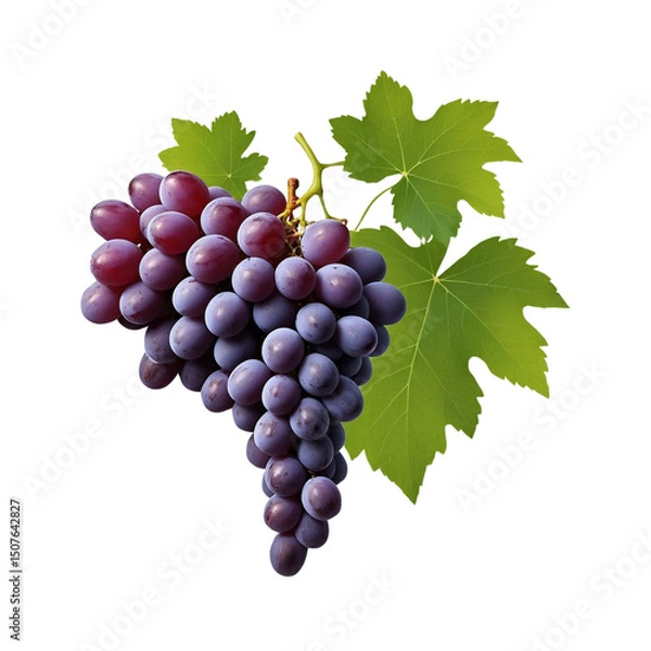 Fototapeta Cluster of red grapes with leaves isolated on transparent background 