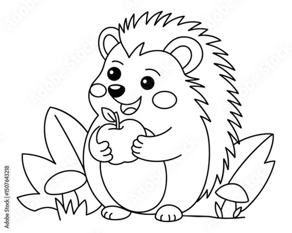Fototapeta Hedgehog holding apple, coloring page for kids, vector illustration