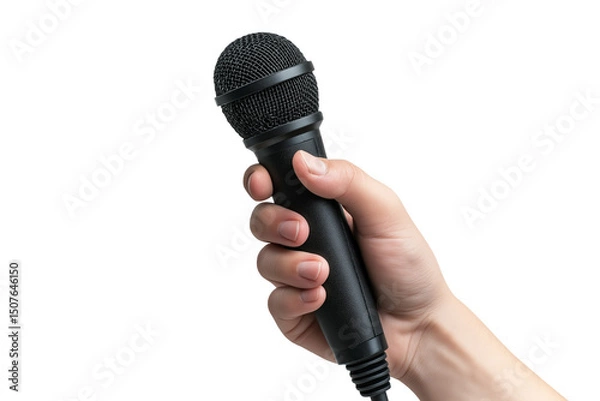 Fototapeta A human hand holding a microphone, isolated on a transparent or white background. Perfect for media, music, podcast, or broadcasting design projects.