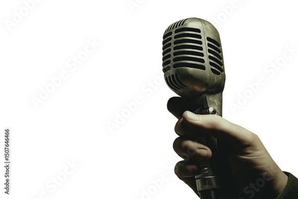 Fototapeta A hand holding a microphone, isolated on a transparent or white background. Ideal for music, podcast, interview, or broadcasting-themed creative designs.
