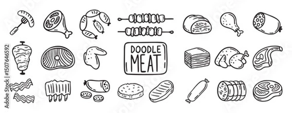 Obraz meat, pieces of meat and meat products doodle hand drawn icon set. Outline drawing meat products line clipart symbol collection