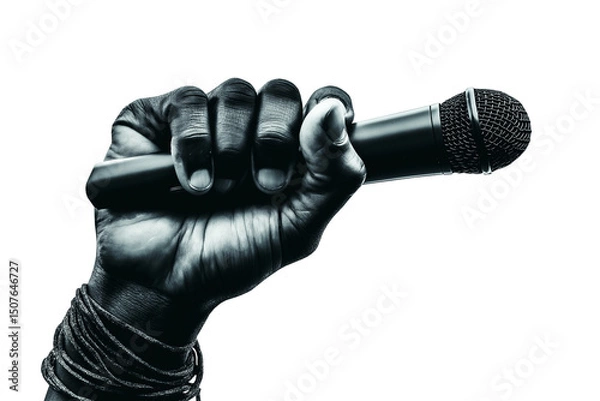 Fototapeta Hand holding a microphone isolated on a transparent or white background. Perfect for music, podcast, voiceover, performance, or broadcast-related visuals.