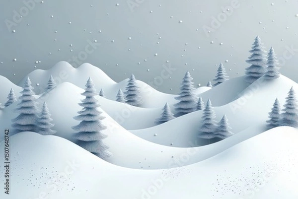 Fototapeta Snowy winter landscape with textured fir trees on rolling hills.
