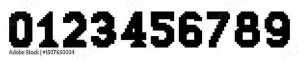 Fototapeta Black pixel-style digits from 0 to 9 on white background, ideal for retro, digital, or gaming-related design concepts