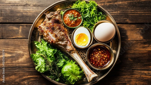 Fototapeta A Beautifully Arranged Passover Seder Plate with Shank Bone Lettuce Egg and Condiments on a Wooden Table (8)