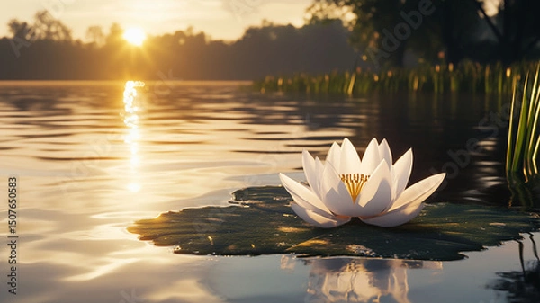 Fototapeta A Serene 3D Lotus Floating on a Calm Lake at Golden Hour with Warm Sunlight Reflections on the Water (2)