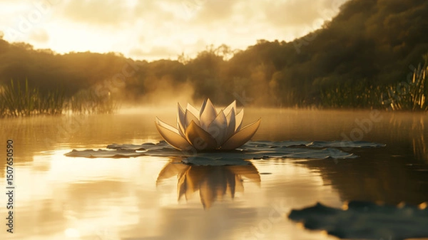 Fototapeta A Serene 3D Lotus Floating on a Calm Lake at Golden Hour with Warm Sunlight Reflections on the Water (6)
