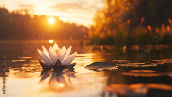 Fototapeta A Serene 3D Lotus Floating on a Calm Lake at Golden Hour with Warm Sunlight Reflections on the Water (11)