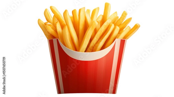 Fototapeta A set of delicious French fries served in a classic red and white container, isolated on a transparent background