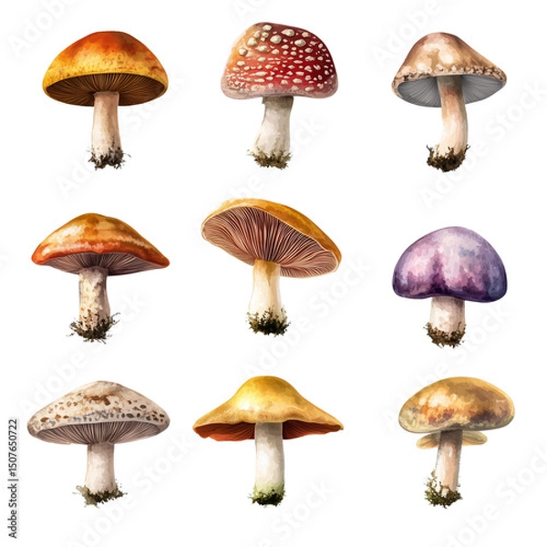 Fototapeta A set of diverse, exotic mushrooms with delicate textures and rich colors, watercolor-style but photorealistic, isolated on transparent background (7)