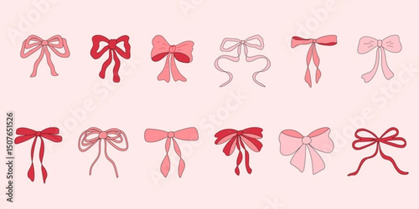 Obraz Simple hand drawn cute coquette aesthetic pink ribbon bow collection. Bowknot for decoration, big set of pinky bowtie. Large retro hand drawn ribbon illustration set. gentle gift ribbons