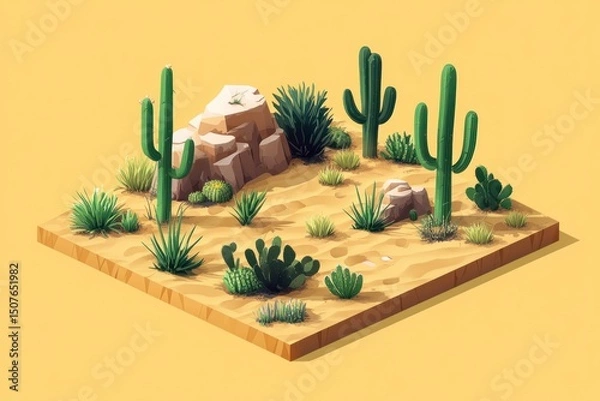 Fototapeta Isometric desert landscape with various desert plants and rocks.