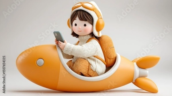 Obraz Child in a Rocket Suit Reading on a Smartphone Adorable Cartoon Character Fun and Imaginative