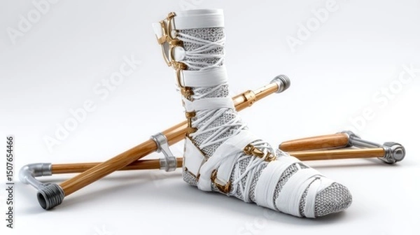 Obraz Cast and Crutches Medical Recovery Equipment for Injured Limbs with Bandages and Supportive De