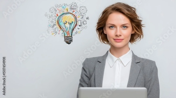 Obraz Businesswoman with Creative Ideas Symbolized by Light Bulb and Sketches Professional Setting