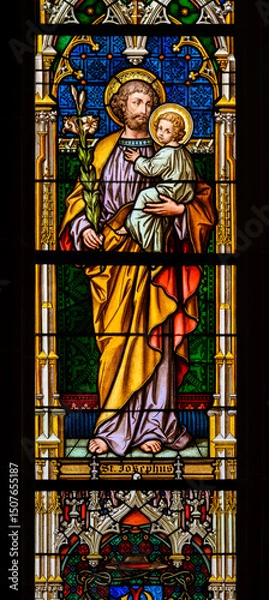 Obraz Saint Joseph with the Infant Jesus. A stained-glass window in the Cathedral of St Elizabeth (Dóm svätej Alžbety) in Košice, Slovakia.