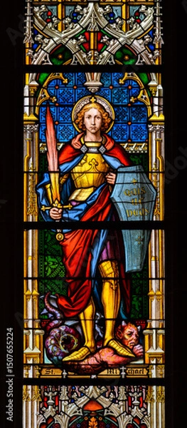 Obraz Saint Michael the Archangel. A stained-glass window in the Cathedral of St Elizabeth (Dóm svätej Alžbety) in Košice, Slovakia.