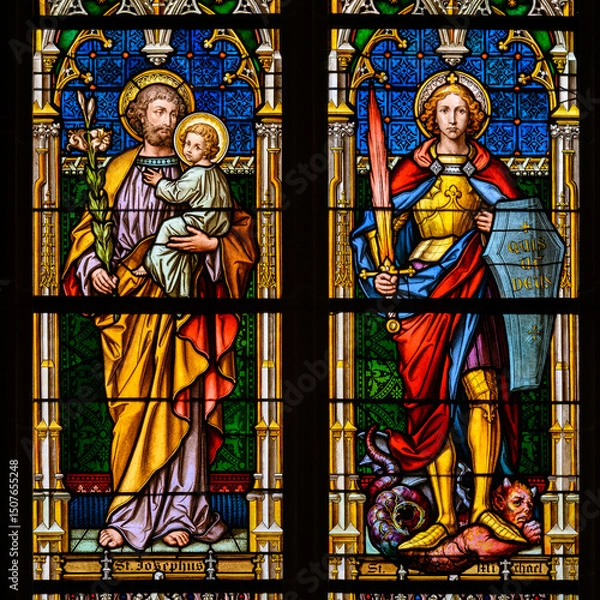 Obraz St Joseph with the Christ Child and St Michael the Archangel. A stained-glass window in the Cathedral of St Elizabeth in Košice, Slovakia.