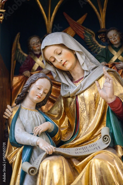 Obraz Saint Anne (the Mother of the Virgin Mary).  A stained-glass window in the Cathedral of St Elizabeth (Dóm svätej Alžbety) in Košice, Slovakia.