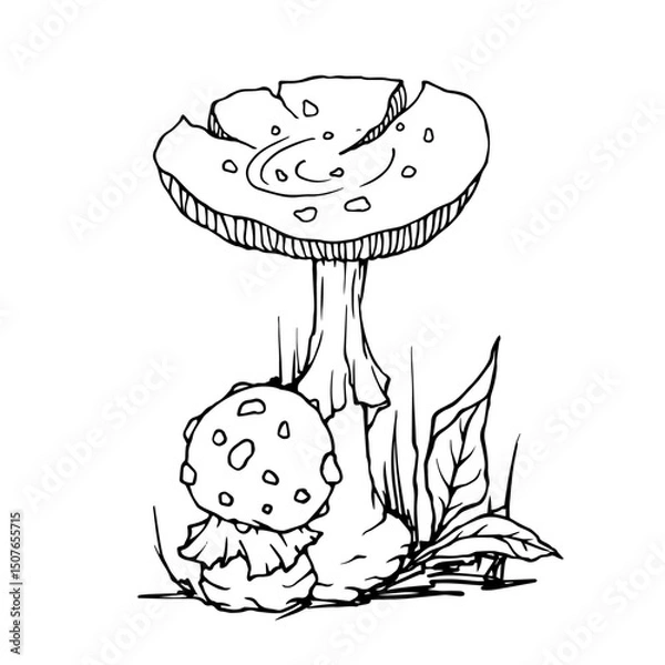 Fototapeta Linear sketch of autumn compositions of fly agaric mushrooms and forest plants. Vector graphics.