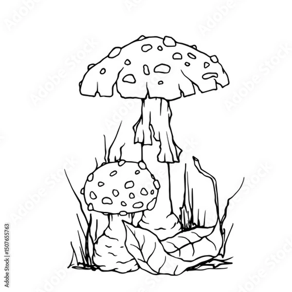 Fototapeta Linear sketch of autumn compositions of fly agaric mushrooms and forest plants. Vector graphics.