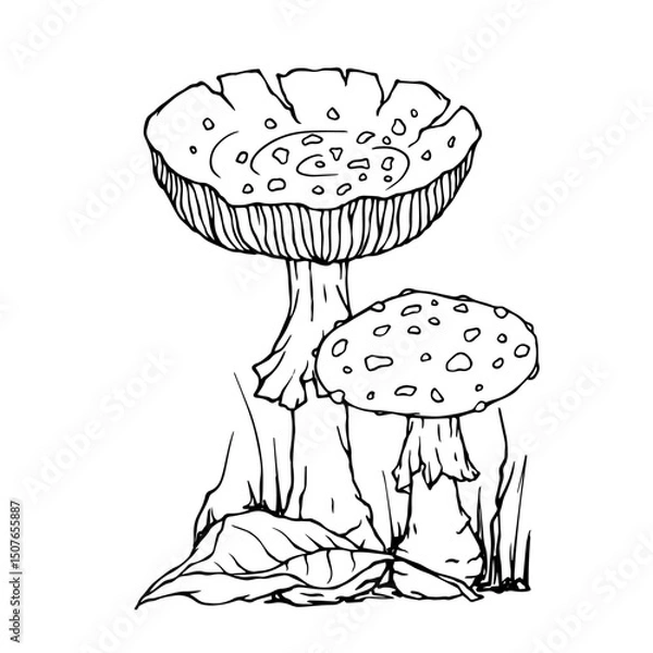 Fototapeta Linear sketch of autumn compositions of fly agaric mushrooms and forest plants. Vector graphics.