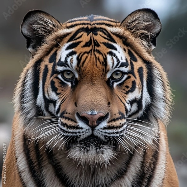 Fototapeta An angry tiger with his head slightly tilted and a scornful look in his eyes.