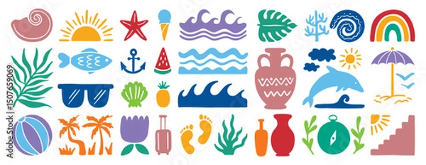 Obraz retro groovy boho geometric summer surf beach or palm tree set. beach elements hand drawn cartoon doodle signs