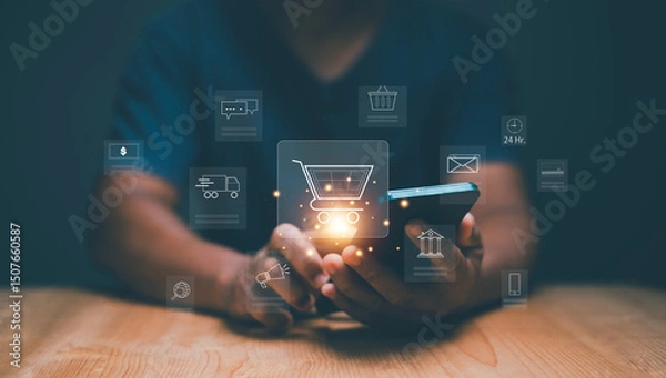 Fototapeta Ecommerce and online payment technology concept. Digital marketing. Businessman holding smartphone with shopping cart and business icon on virtual screen. Shopping online on internet network.