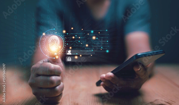 Fototapeta Innovation for protection from digital cybercrime. Businessman fingerprint scan and biometric authentication, Concept of surveillance and security scan for digital cyber futuristic applications.