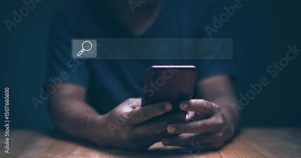 Obraz Search Engine Optimization concept. SEO. Businessman using a smartphone to be searching for online information, Smart data search technology, Using search console for ​your website.