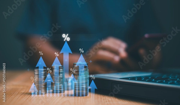 Fototapeta Business growth concept. Businessman holding smartphone with heap of coins and arrow up with percentage symbol for financial increase interest rate or mortgage investment dividend. Saving money.