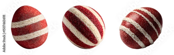 Fototapeta Three red and white striped easter eggs made of yarn, isolated on transparent background, perfect for spring holiday decorations and crafts