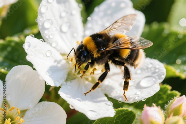 Fototapeta Bumblebee on a white flower covered in water droplets, gathering pollen in a garden on a sunny day, macro shot of a bee pollinating a flower