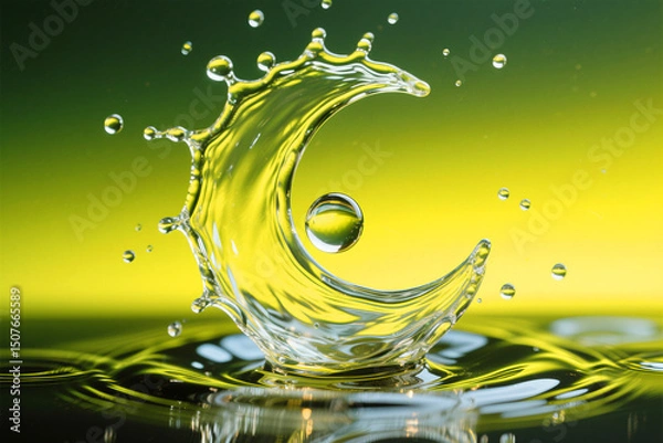 Fototapeta Captivating water splash with a suspended droplet against a vibrant yellow and green backdrop, showcasing dynamic motion and abstract form