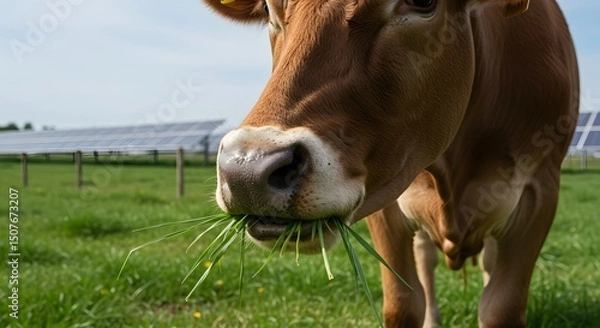 Fototapeta Close-up of cow eating grass with solar panels blurred in the background. Captured with telephoto lens, crisp focus on cow.