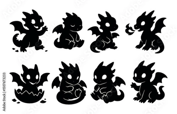 Fototapeta Baby dragon silhouette icons set – mythical, fantasy and creature graphics