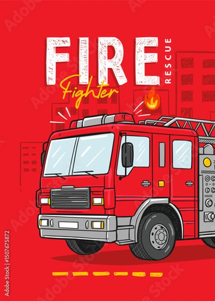 Fototapeta Vector artwork featuring a vibrant red fire engine and firefighting typography