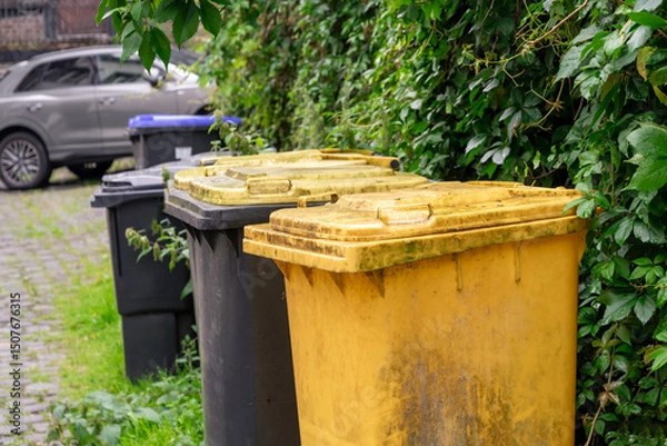Fototapeta Yellow, black and blue garbage bins installed in a row near a fence in a residential area, waste sorting and storage concept, separate disposal of food waste, paper and plastic packaging,
