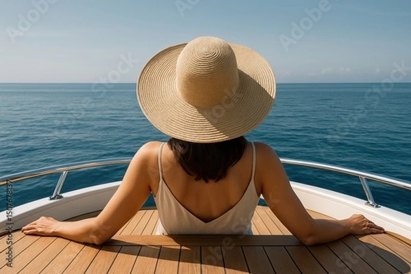 Fototapeta Rear View of a Woman in a Sun Hat Relaxing on the Deck of a Luxury Yacht Overlooking a Calm Blue Ocean Serene Escape