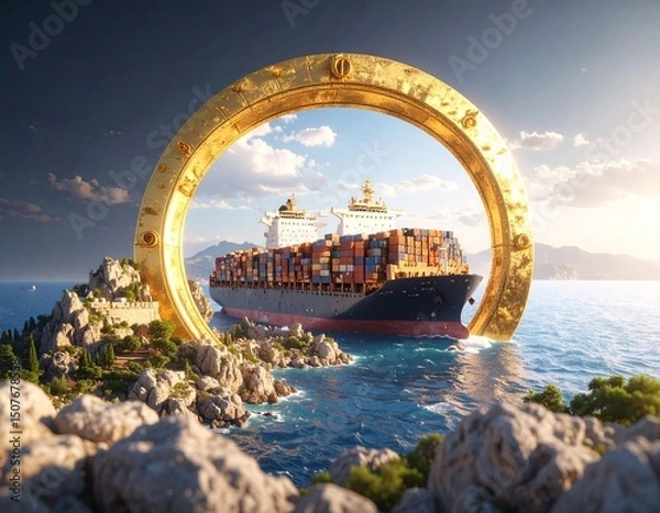 Fototapeta Navigation icon hole towards a mythical cargo container ship in the ocean " ai generator "
