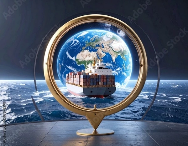 Fototapeta Navigation icon hole towards a mythical cargo container ship in the ocean " ai generator "

