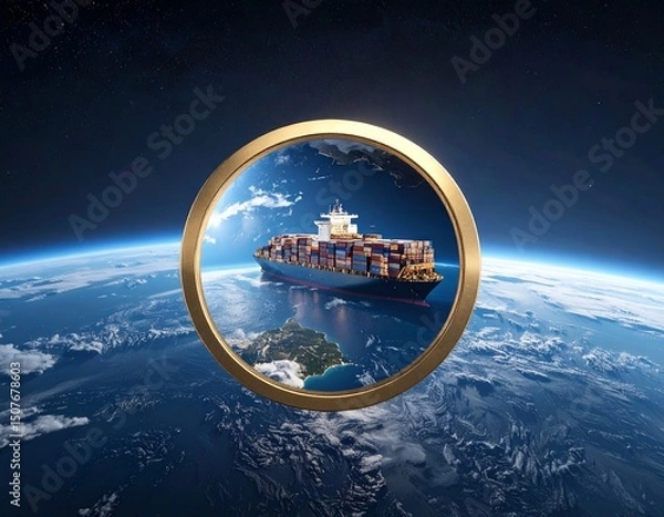 Fototapeta Navigation icon hole towards a mythical cargo container ship in the ocean " ai generator "
